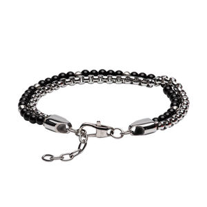 Stainless Steel Double Bracelet with Black Oynx Beads