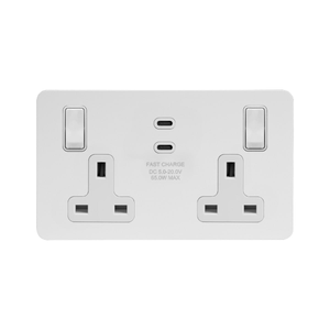 Soho Lighting White Metal Flat Plate 2 Gang 65W USB C+C Socket (13A Socket + 2 USB C Ports)
