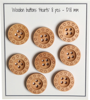 Paquet de 8 boutons en bois coeurs 18 mm