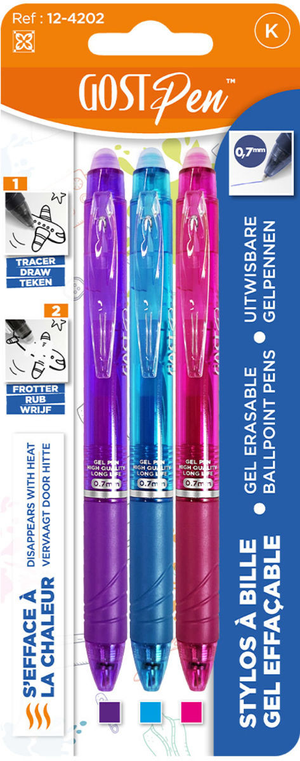 Set de 3 stylos à bille effaçables à la chaleur - Violet, turquoise, fuchsia
