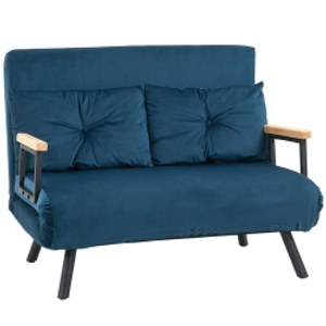 HOMCOM 2-Seater Convertible Sofa Bed with Adjustable 5-Level Backrest and 2 Padded Cushions, Velvet-like Fabric, Blue