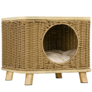 PawHut Elevated Design Wicker Cat House with Washable Cushion, Light Brown