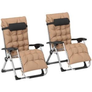 Outsunny 2 Piece Reclining Zero Gravity Sun Loungers with Cushions, Khaki