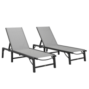 Outsunny Folding Sun Lounger Set of 2, 5-Position Adjustable Reclining Garden Loungers, Garden Chaise Lounge Sunbed Recliner Chairs with Steel Frame for Beach, Porch, Patio, Camping, Light Grey