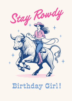 Cowgirl Bull Riding Illustrated Birthday Girl Card