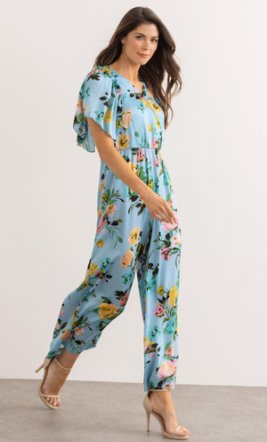 Floral Print Wide Leg Jumpsuit - Azure/Multi