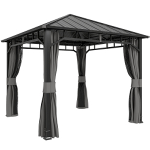 Outsunny 3 x 3(m) Hardtop Gazebo with Galvanised Steel Roof, Waterproof Permanent Pavilion Garden Gazebo with Netting and Curtains for Patio, Deck