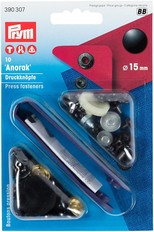 Boite de 10 boutons pression anorak Noir avec outil 15 mm