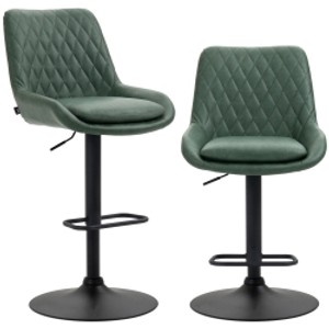 HOMCOM Retro Bar Stools Set of 2, Adjustable Kitchen Stool, Upholstered Bar Chairs with Back, Swivel Seat, Green