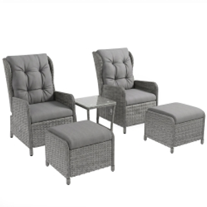 Outsunny 5 Pieces Rattan Bistro Set with Adjustable Back, Reclining Wicker Balcony Furniture with Cushions, Glass Top Coffee Table and Footstools, Outdoor Table and Chairs, Light Grey