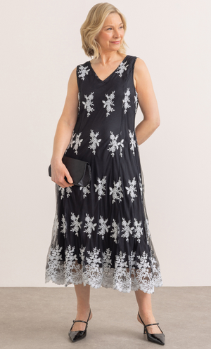Anna Rose Embroidered Mesh Midi Dress - Black/White