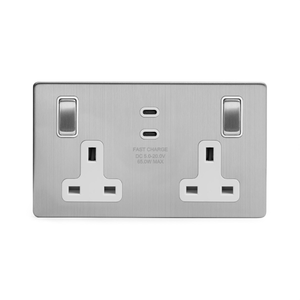 Soho Lighting Brushed Chrome 2 Gang 65W USB C+C Socket (13A Socket + 2 USB C Ports) White Inserts