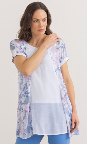 Printed Panel Tunic Top - White/Blue/Pink