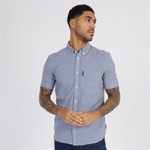 French Connection Mens Short Sleeve Gingham Shirt Mid Blue