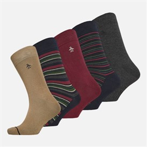 Original Penguin Mens Five Pack Ankle Socks Stripes/Plain/Port/Beige