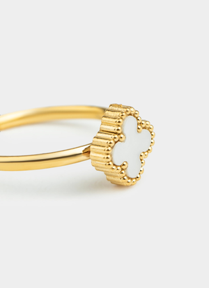 Vendetta White 4 Leaf Clover Adjustable Ring -  18K Gold Plated