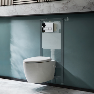 Milano Altham - White Modern Rimless Wall Hung Toilet with Tall Wall Frame - Rectangular Chrome Flush Plate