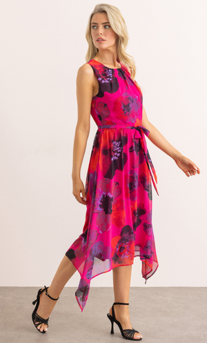 Floral Print Dipped Hem Dress - Fuchsia/Multi