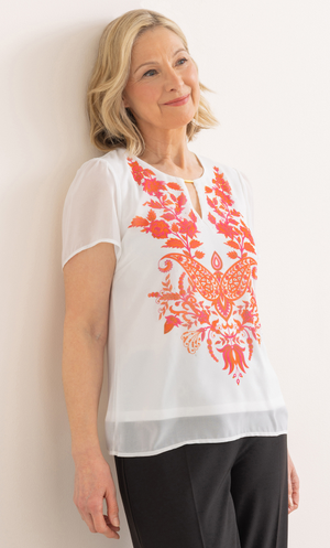 Anna Rose Embellished Placement Print Top - Ivory Multi