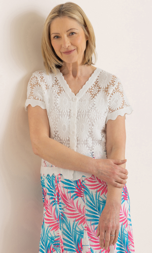 Anna Rose Crochet Short Sleeve Cotton Cardigan - White