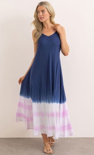 Bias Cut Tie Dye Strappy Maxi Dress - Blue/Pink