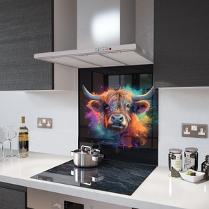 Glass Splashback in Highland Cow On Black - 60cm Wide x 75cm High