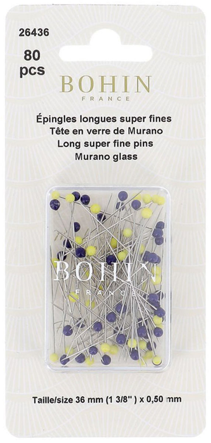 Boite de 80 épingles longues super-fines tête de verre Murano bleu et jaune Bohin