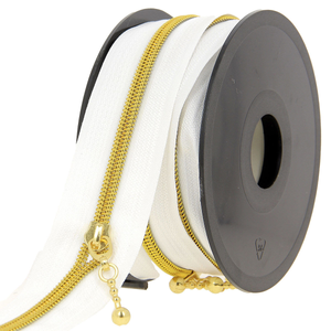 Rouleau de 5 mètres de fermeture nylon 5 mm avec tirettes rondes - Blanc et or