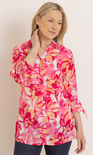 Anna Rose Printed Tie Cuff Blouse - Pink/Multi