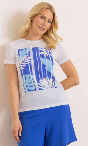 Embellished Printed Short Sleeve Top - White/Beige