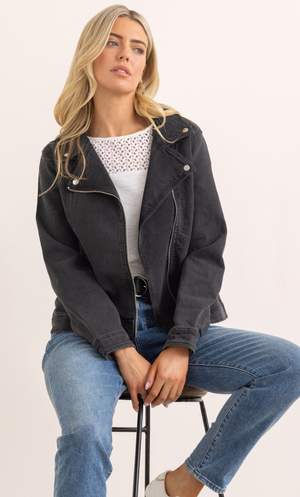 Cotton Blend Stretch Biker Jacket - Black