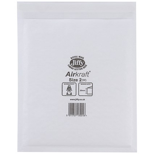 Jiffy Airkraft No.2 Bubble Lined Postal Bags, 205x245mm Peel & Seal, White, Pack of 100
