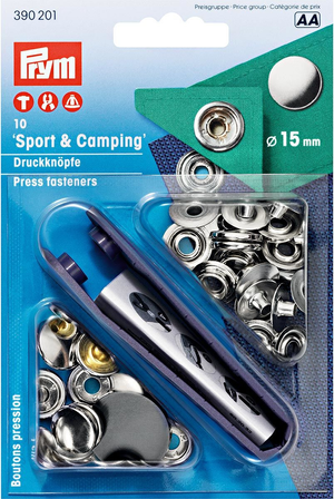 Boite de 10 boutons pression sport camping Nickel avec outil 15 mm