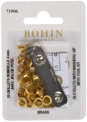 Boite 25 oeillets 4 mm avec rondelles et jeu de pose Bohin - Doré