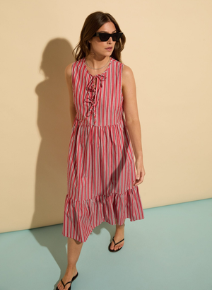 Devi Organic Cotton Tie Midi Dress - UK 12 | EU 38 | US 08 / Crimson, Garnet & White Stripe