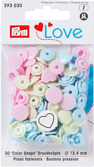 Set de 30 boutons pression Color Snaps Coeurs 12,4 mm - Rose, vert citron et bleu ciel