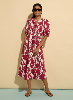 Amelie Organic Cotton Tie Midi Dress - UK 14 | EU 40 | US 10 / Crimson Dahlia