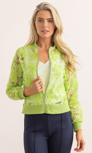 Embroidered Mesh Bomber Jacket - Lime