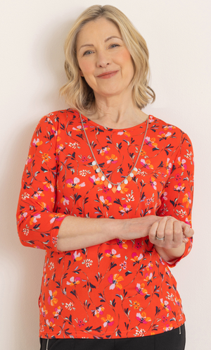 Anna Rose Garden print Top With Necklace - Scarlet/Multi