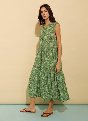 Annmarie Sleeveless Printed Dress - UK 16 | EU 42 | US 12 / Green Woodblock Floral
