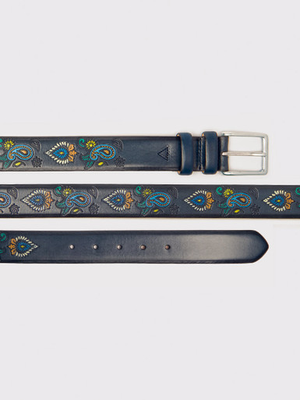 Navy Paisley Hand Painted Leather Belt