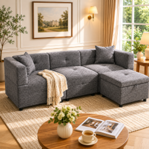 L-Shaped Sectional Sofa with Removable Storage Ottoman and 2 Pillows, Fabric Upholstery, 204L x 68W x 69H cm, Grey