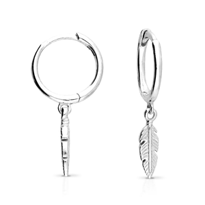 Signature Silver Single Feather Drop Hoop Earrings