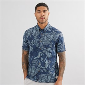 Ben Sherman Mens Short Sleeve Abstract Leaf Print Shirt Blue Denim