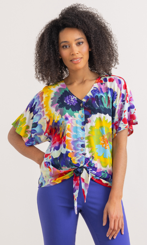 Bold Floral Print Tie Top - Blue/Yellow/Multi