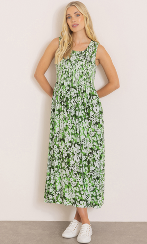 Garden Print Smocked Midaxi Dress - Green/White