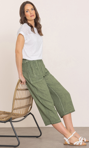 Wide Leg Linen Blend Cropped Trousers - Khaki