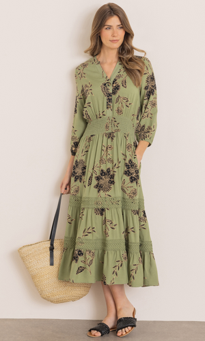 Floral Print Midi Dress - Khaki