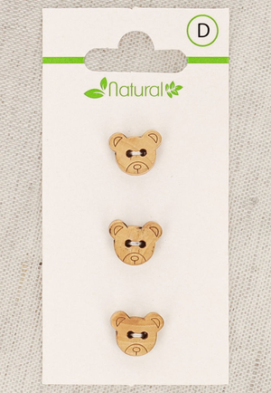 Carte de 3 boutons en bois naturel 11 mm 2 trous - Tête d´ours