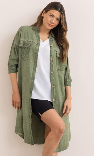 Animal Print And Plain Linen Blend Shirt Dress - Khaki